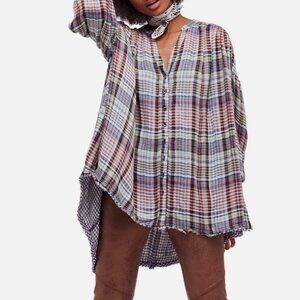 FREE PEOPLE Women's Plaid Flannel Oversized Hi-Low Top XS Raw Hem